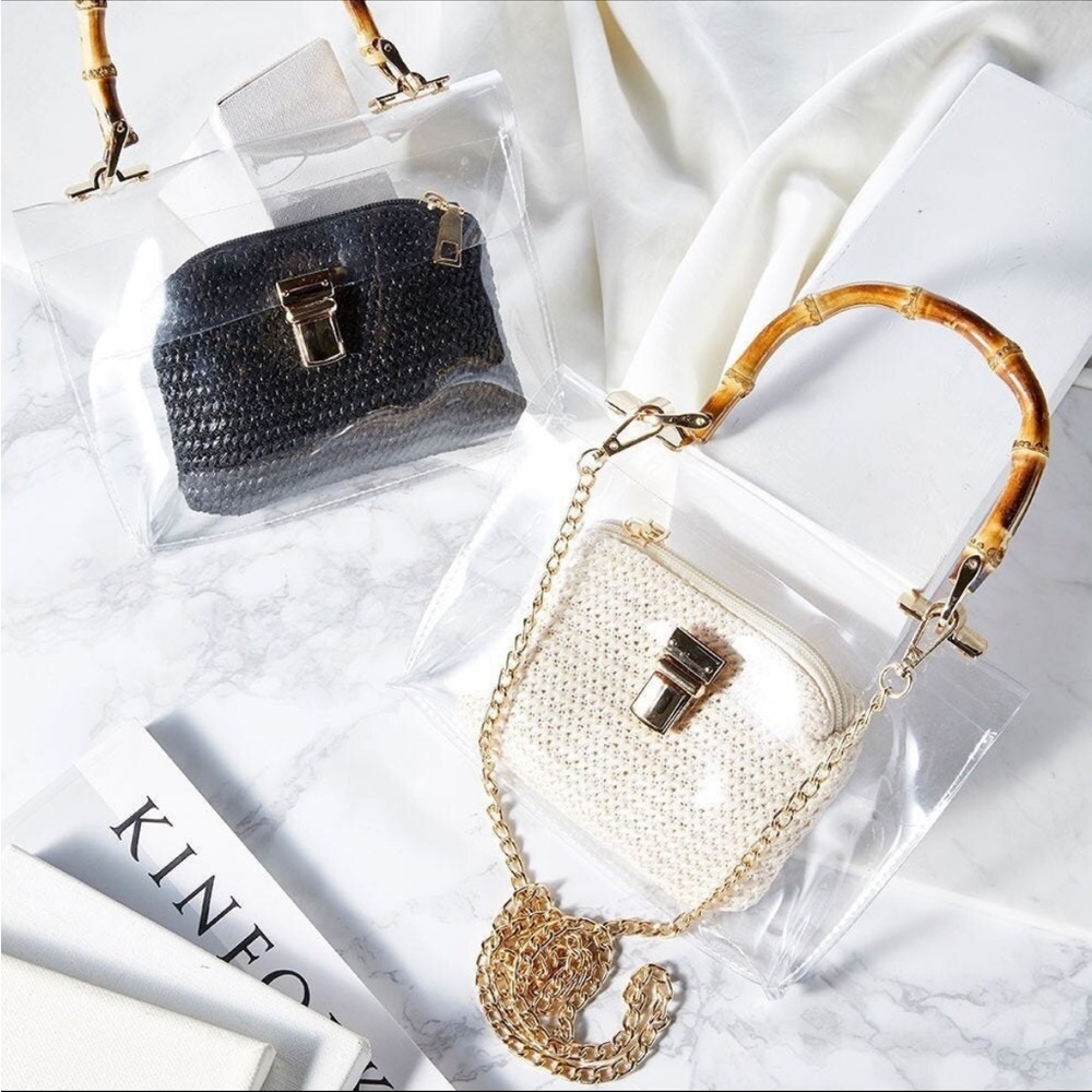 Clear stadium handbag featuring straw pouch, bamboo-look handle and chain strap. - Picture 3 of 9